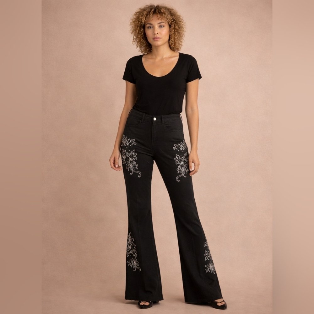 POL Black Contrast Embroidered Twill Flare Pants | Boho Beaded Floral High Rise